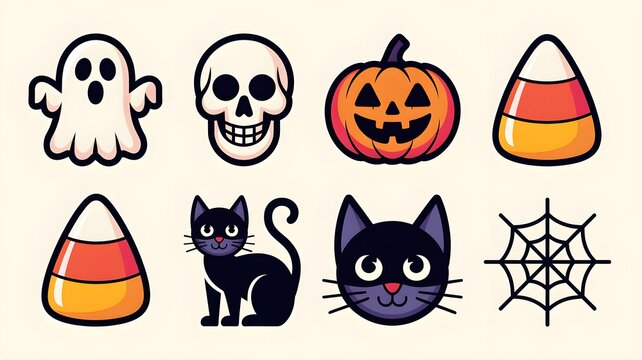 Set of cute halloween icons including a ghost, skull, jackolantern, candy corn, black cat, and spider web, isolated on white background