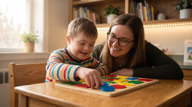 Down syndrome boy playing with wooden puzzle, smiling child with disability learning at home with teacher, inclusive education and special needs support