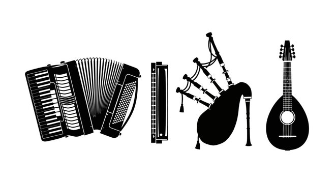 Black silhouettes of musical instruments on white background with mandolin arranged horizontally silhouettes accordion tin whistle bagpipes mandolin