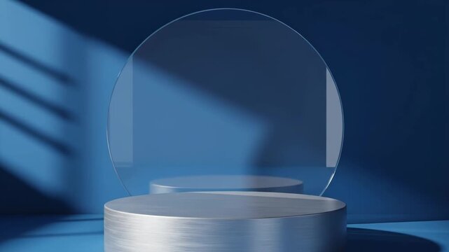 Empty metallic podium with a circular glass panel on a blue background for product display