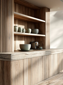 Minimalist coffee corner with open wood shelving, ceramic cups, bowls, and coffee machine, natural light, modern cozy atmosphere
