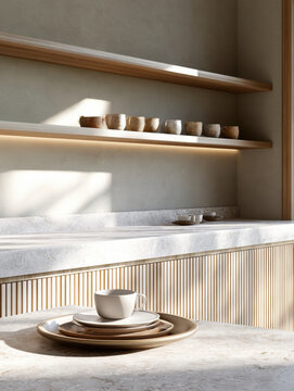 Minimalist coffee corner with ceramic cup, saucer, plate, sunlight, wooden shelf, stone countertop, and neutral tones create calm atmosphere