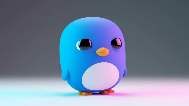 Cute 3d blue penguin character with large expressive eyes and a minimalist design