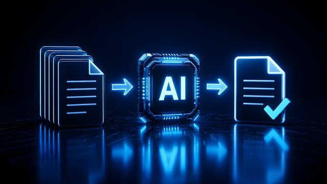Artificial intelligence document processing concept with digital files passing through AI microchip for automated verification and data analysis
