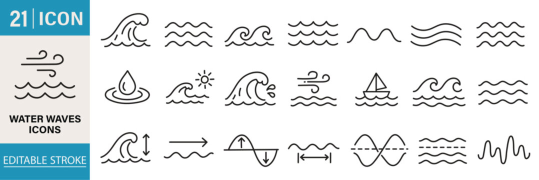 Ocean wave line icons set water sea surf nautical symbols minimal outline vector illustration nature marine collection isolated background
