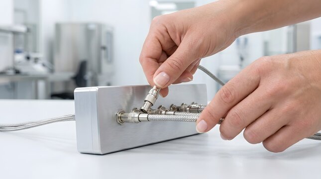 Technician connecting BNC cable to electronic testing device in laboratory.