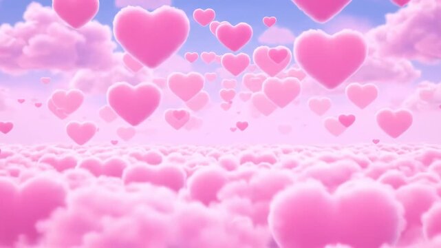 Dreamy pink heartshaped clouds floating in a soft pastel sky, romantic fantasy landscape background