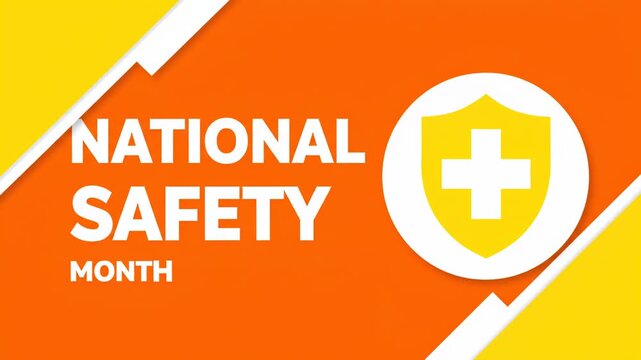 National safety text on orange background with yellow geometric accents