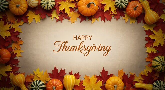 Happy thanksgiving greeting card with a frame of colorful autumn leaves and pumpkins on a rustic textured background