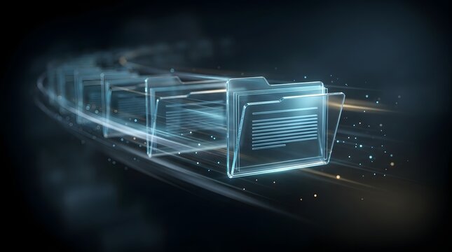 Abstract digital concept of organized data files moving in a stream, representing efficient data management and cloud storage solutions with glowing lines and particles on a dark background.