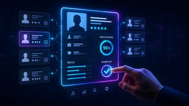 Recruitment professional using a futuristic digital interface to screen candidate profiles and shortlist the best applicants based on match score.