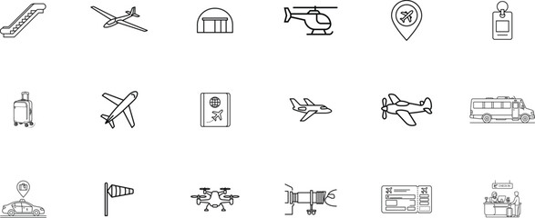 Fototapeta premium Minimalist black and white airport and travel icon set collection with aviation