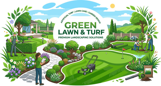 Vector Illustration of a Premium Backyard Landscaping Banner Featuring Artificial Turf Installation Lawn Mowers and Garden Maintenance Workers for Lawn Care Services