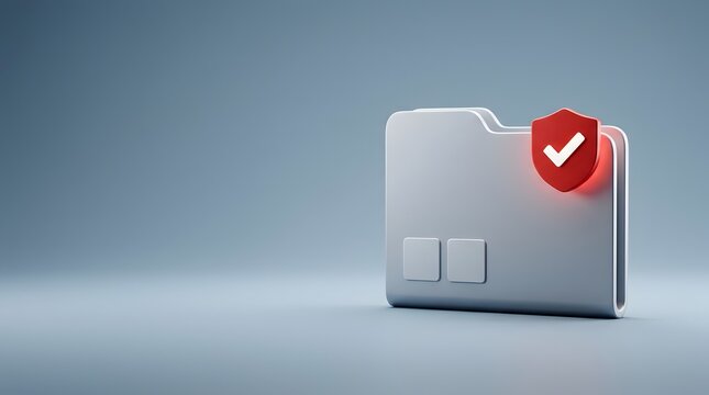 Secure digital data folder icon with red shield and checkmark, representing data security and protection concepts