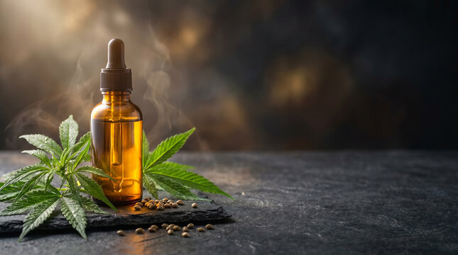 Amber dropper bottle with hemp leaves on dark textured surface  