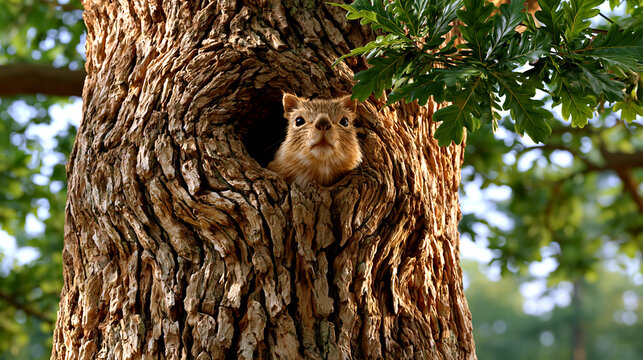 A small squirrel peeks out of a hole in a large, textured tree trunk, with green leaves visible above.
