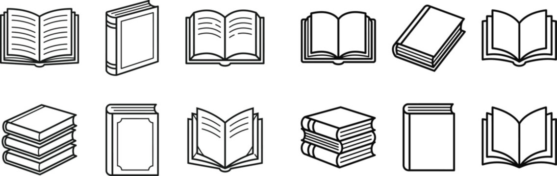 Line art book icons set open closed stacked variations
