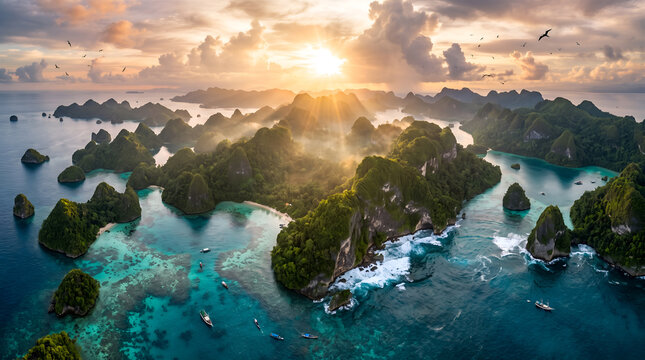 Aerial View of Tropical Islands at Sunrise with Turquoise Ocean and Dramatic Sky