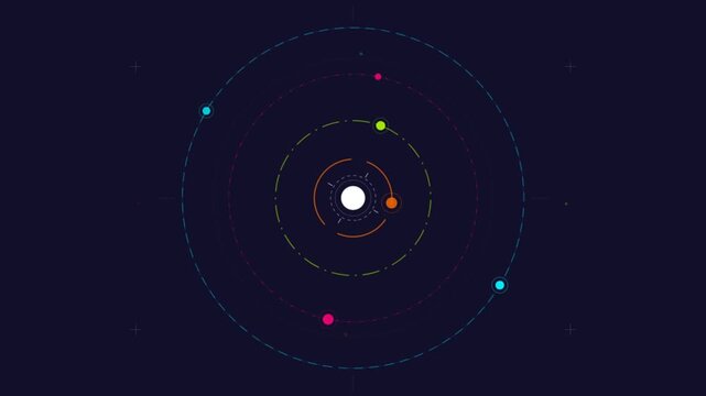 Minimalist flat vector illustration of a solar system with orbiting planets on a dark blue background.