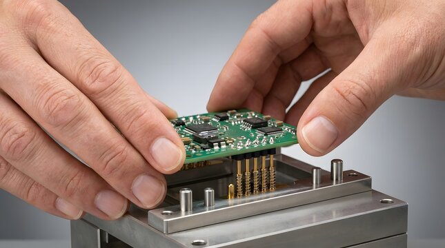 Technician hands installing a circuit board onto a precision electronic testing fixture.
