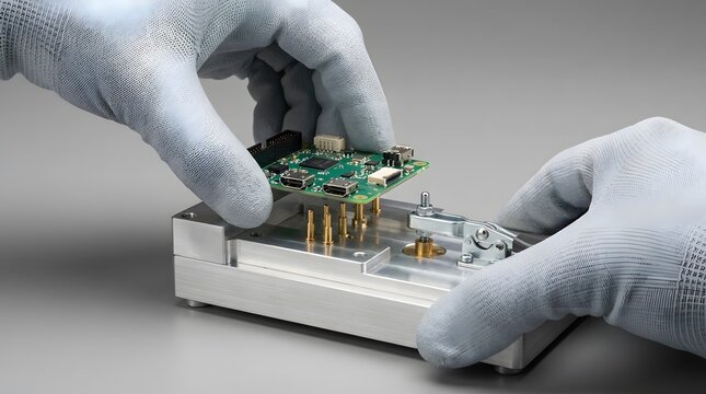 Technician assembling electronic circuit board component into housing.