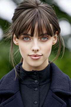 Young woman with blue eyes, brown hair, natural makeup, black coat, standing outdoors, confident expression, soft light