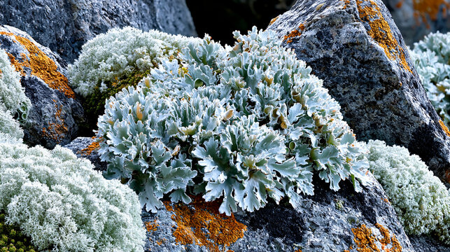 Close-up of pale green and white lichen growing on dark gray rocks with vibrant orange patches of lichen.