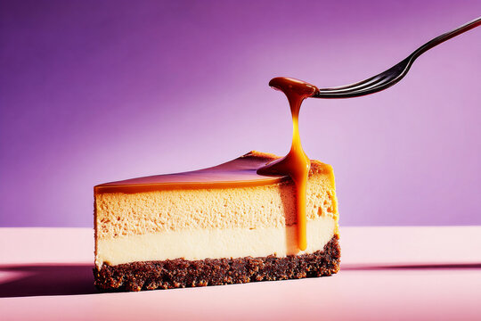 A caramel cake sits on a round stand. The cake has a smooth surface and a shiny mirror glaze. The background is a solid purple color, creating a bold contrast