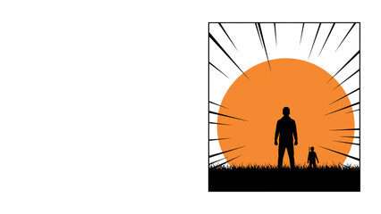 Fototapeta premium Silhouette of Father and Child Against a Large Orange Sun in Manga Style