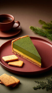 A round kiwi and mint pie sits on a black plate. Thin slices of cookie accompany the pie. Fresh kiwis are placed nearby. The setting is simple and modern, focusing on the dessert
