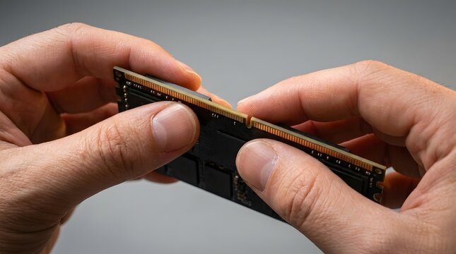 Close up of hands assembling computer memory module.