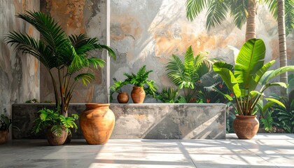 Fototapeta premium Green Plant in Decorative Flower Pot on Table with Home Interior Background, Natural Garden Decoration and Fresh Botanical Still Life Arrangement