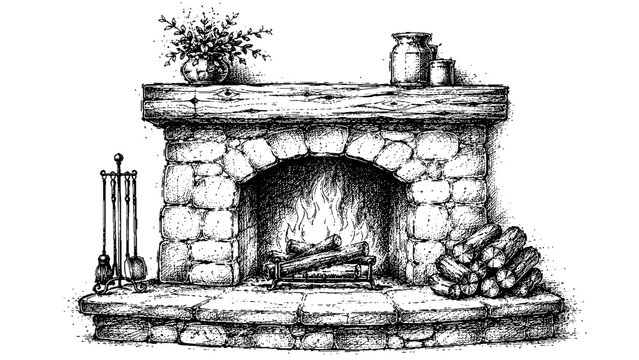 Warm rustic interior featuring a natural stone fireplace with glowing firewood, creating a welcoming atmosphere for home comfort and relaxing winter evenings.