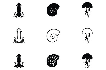 Set of marine life icons featuring squid, spiral seashell, and jellyfish in solid black, outline, and pixel styles © ico-vect