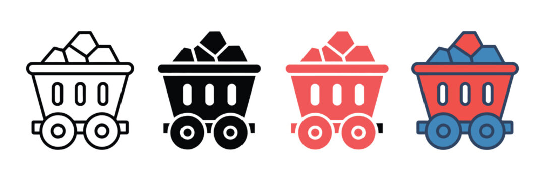 Industrial mine cart icons set, coal mining trolley vector collection, heavy industry mineral transport symbols in flat and line style