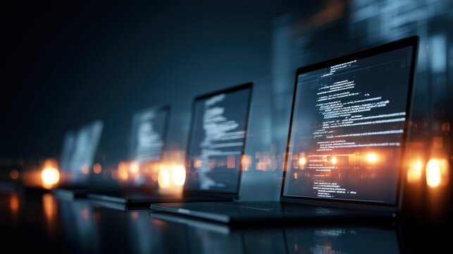 Modern laptop computer screen displaying programming code in dark environment with glowing orange light effects illustrating software development and coding concept