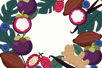 Fototapeta premium Lush tropical frame featuring mangosteen fruits, cocoa pods, berries, and ginger root on a decorative background with leaves.
