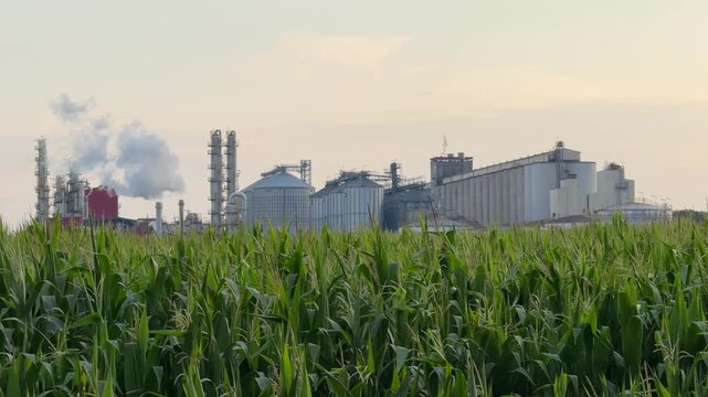 View of methanol and ethanol factory plant in corn field. Bioagra Goswinowice Ethanol Production Plant located near Nysa in Poland. Factory of bioethanol and ethanol produced from corn grain