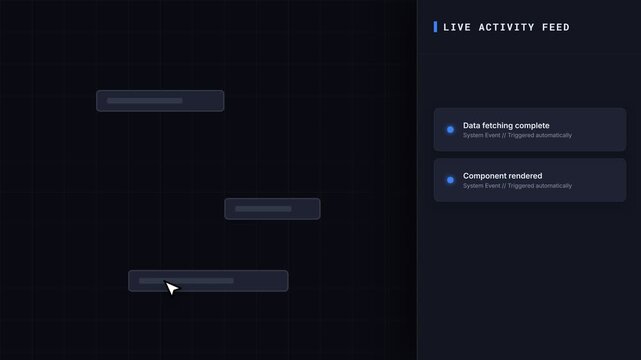 Loading animation, glowing blue progress bars with loading circle and system event notifications on the right, seamless loop, symbolizing data processing and technology
