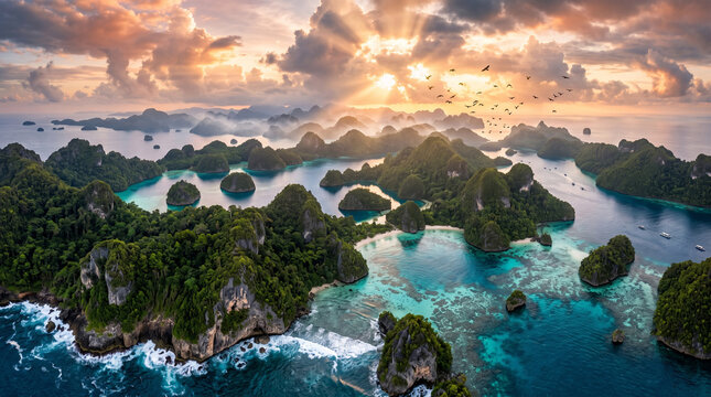 Aerial Panorama of Islands at Sunrise with Turquoise Lagoons and Dramatic Sky