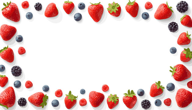 Frame made of fresh strawberries blueberries and blackberries on a white background.
