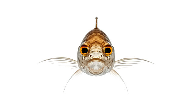 Small brown fish with large bright orange eyes and translucent fins captured from a direct front view perspective isolated against a clean solid white studio background for high quality imagery