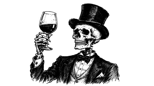 Stylish gothic artwork of a skeleton gentleman raising a glass of wine, blending dark humor, elegance, Halloween spirit, and vintage character design.