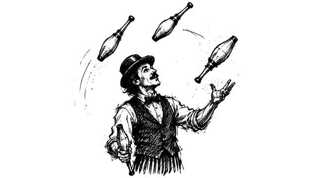Classic engraved artwork featuring a circus juggler skillfully tossing clubs, representing entertainment, talent, street performance, and festival celebration concepts.
