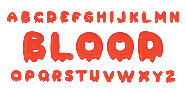 Cute cartoon bloody alphabet with dripping letters. Hand drawn horror font for Halloween party decorations, spooky posters, stickers, invitations, games 