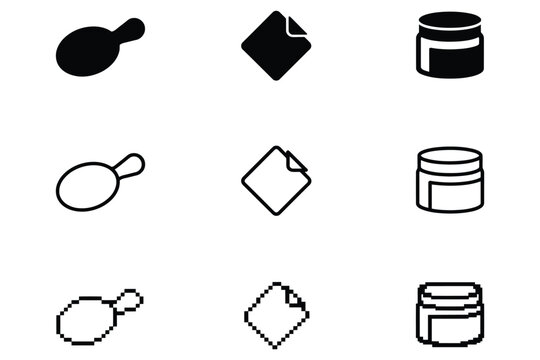 Set of nine icons featuring hand mirrors, sticky notes, and cosmetic jars in solid black, outline, and pixel styles