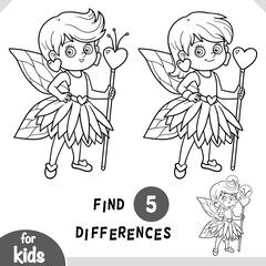 Fototapeta premium Cute character fairy girl and magic staff. Spot the differences game for kindergarten and preschool children. Black and white coloring page for kids