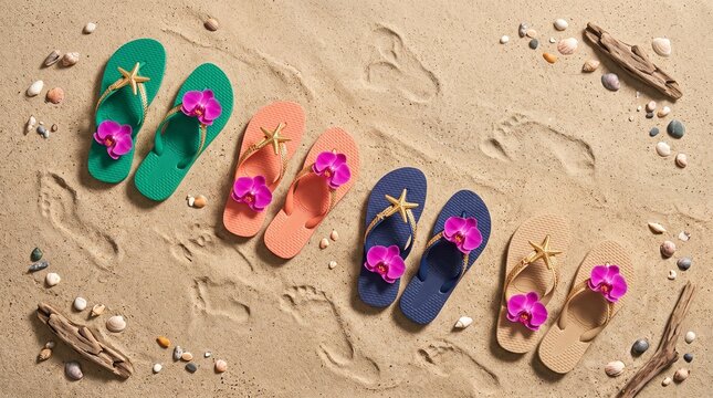 Colorful flip flops with flowers on sandy beach.
