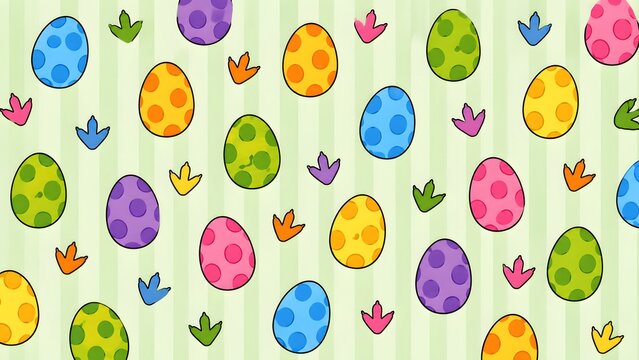 Seamless pattern with colorful easter eggs and dinosaur footprints on a light green striped background, festive holiday wallpaper design