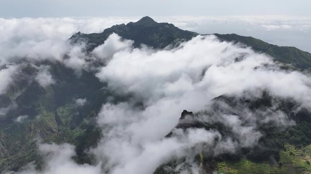 Aerial View of Clouds Above Volcanic Mountains of Santo Antao Island, Cape Verde 60fps